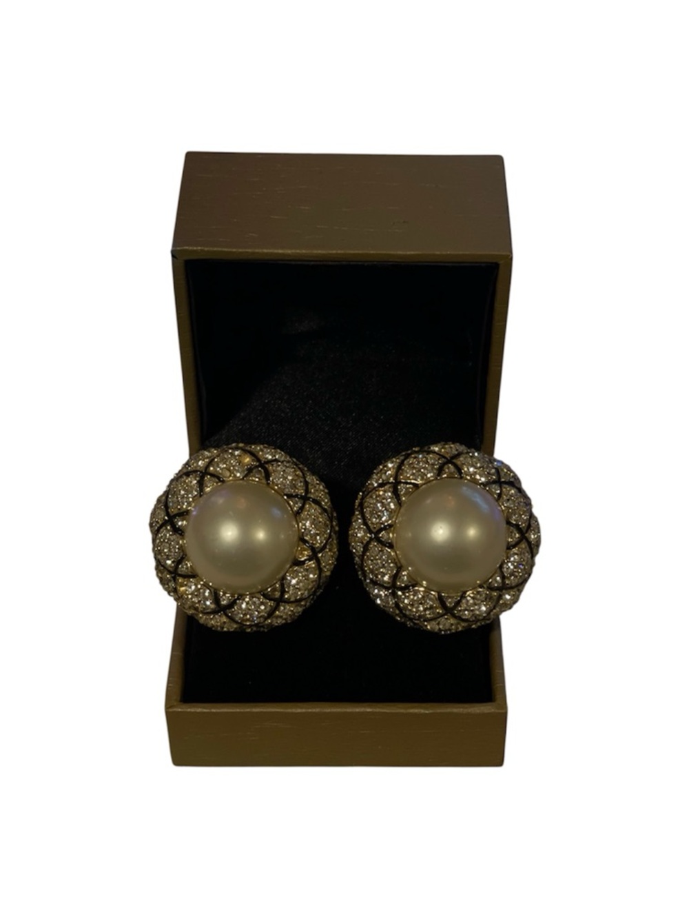 Vintage CINER Mobe Pearl with Pave Diamonds Costume Clip on Earrings